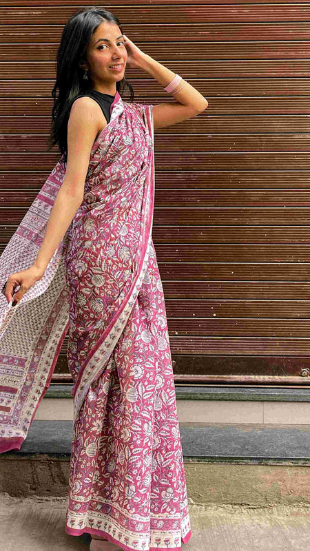 Hand Block Print Kota Doria Cotton Saree: Maroon & White Floral