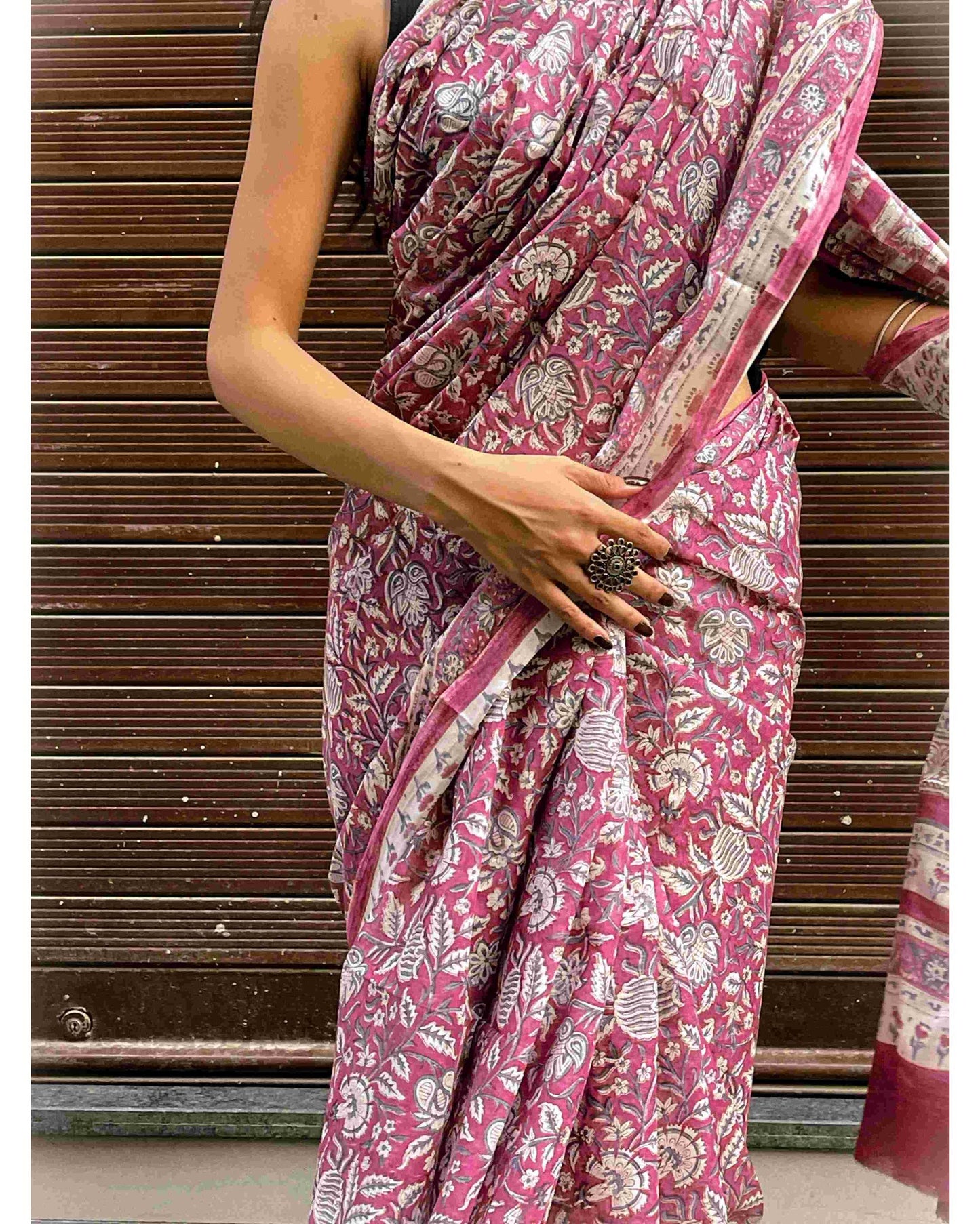 Hand Block Print Kota Doria Cotton Saree: Maroon & White Floral