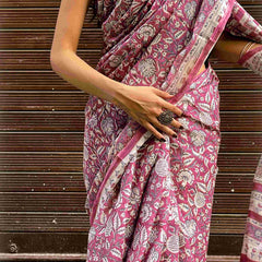 Hand Block Print Kota Doria Cotton Saree: Maroon & White Floral