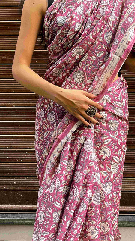 Hand Block Print Kota Doria Cotton Saree: Maroon & White Floral