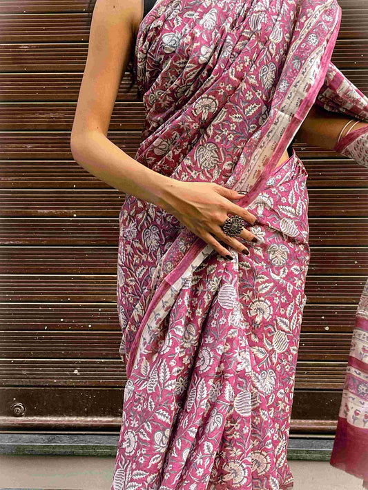 Hand Block Print Kota Doria Cotton Saree: Maroon & White Floral