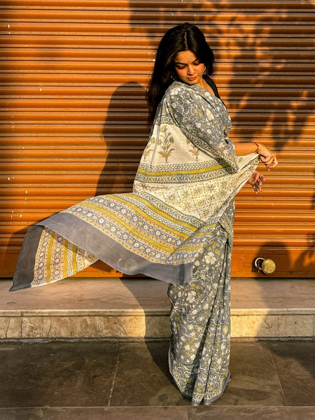 Mandira Grey Floral Cotton Saree
