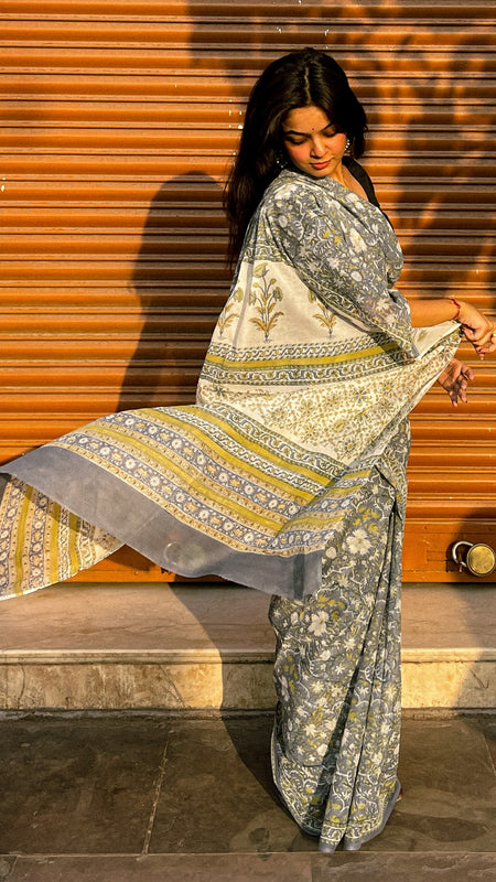 Mandira Grey Floral Cotton Saree