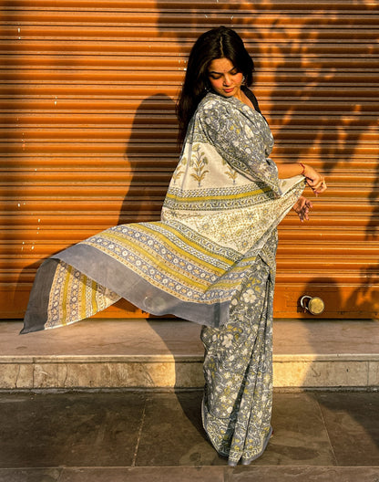 Mandira Grey Floral Cotton Saree