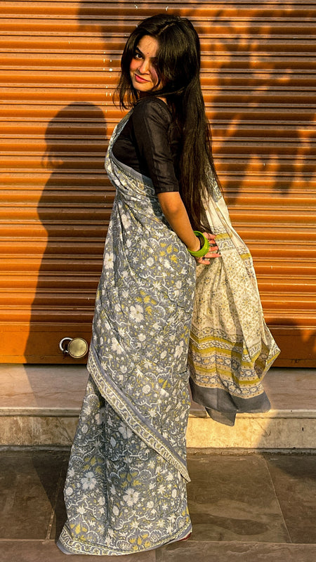 Mandira Grey Floral Cotton Saree