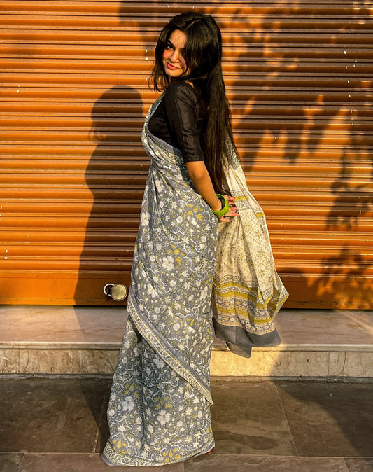 Mandira Grey Floral Cotton Saree