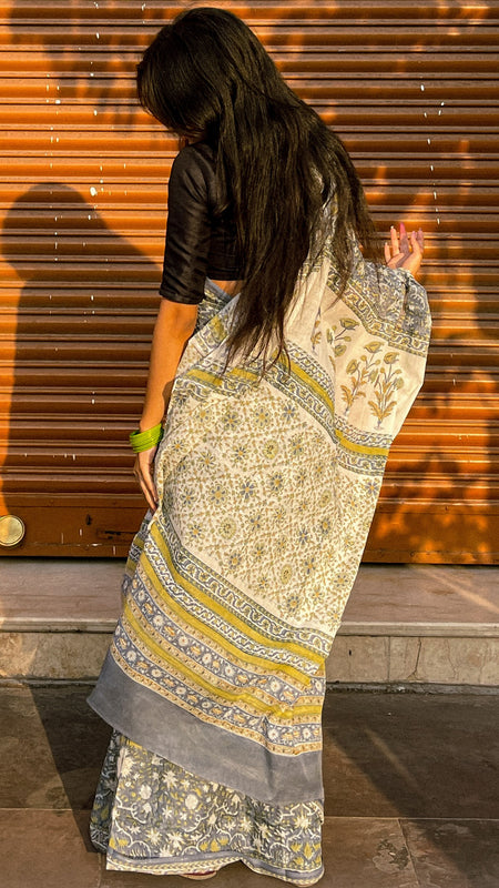 Mandira Grey Floral Cotton Saree