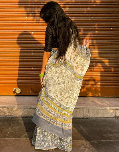 Mandira Grey Floral Cotton Saree