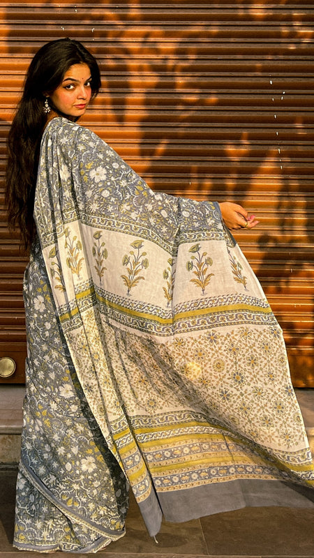 Mandira Grey Floral Cotton Saree