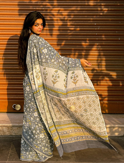 Mandira Grey Floral Cotton Saree