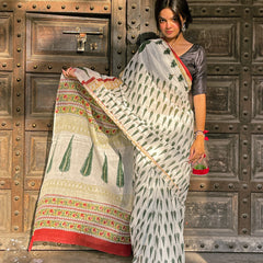 Leheriya Noor White Printed Floral Chanderi Saree