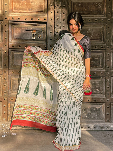 Leheriya Noor White Printed Floral Chanderi Saree