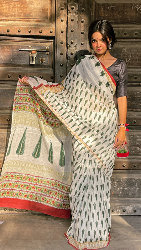Leheriya Noor White Printed Floral Chanderi Saree