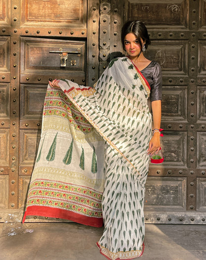 Leheriya Noor White Printed Floral Chanderi Saree