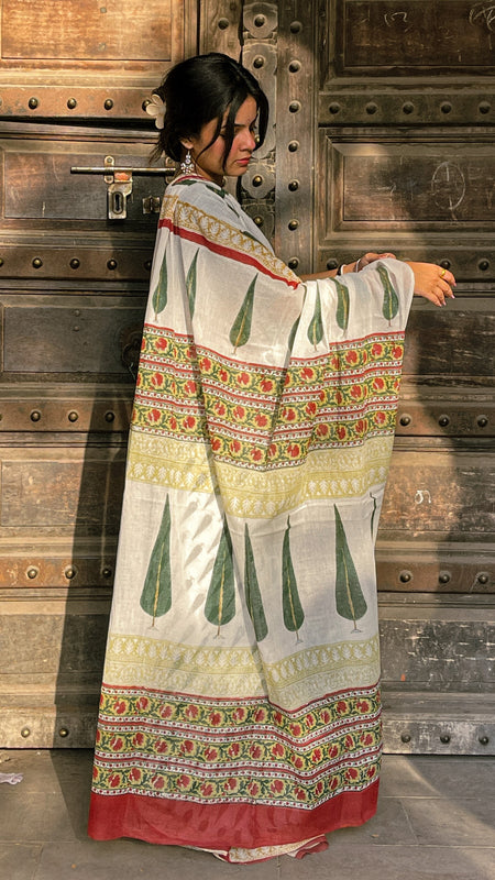 Leheriya Noor White Printed Floral Chanderi Saree