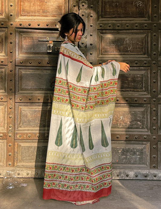 Leheriya Noor White Printed Floral Chanderi Saree