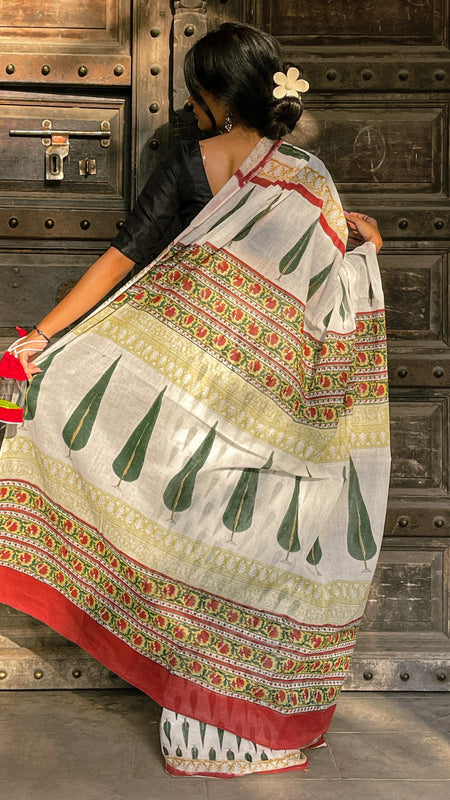 Leheriya Noor White Printed Floral Chanderi Saree