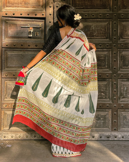 Leheriya Noor White Printed Floral Chanderi Saree