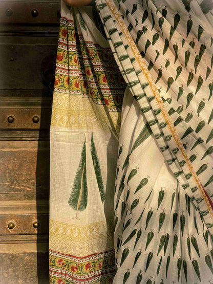 Leheriya Noor White Printed Floral Chanderi Saree