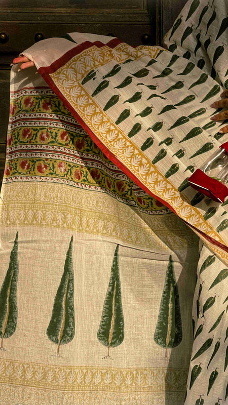 Leheriya Noor White Printed Floral Chanderi Saree