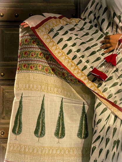 Leheriya Noor White Printed Floral Chanderi Saree