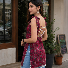 Wine Floral Printed Tie-Up Sleeveless Cotton Top for Women
