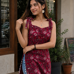 Wine Floral Printed Tie-Up Sleeveless Cotton Top for Women