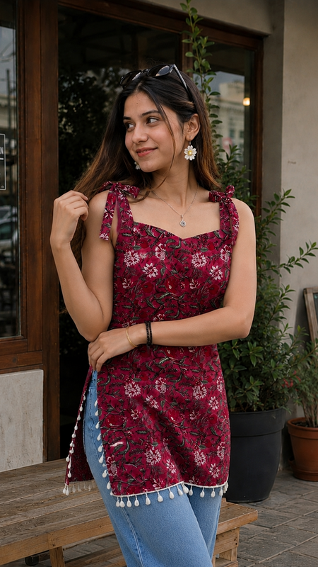 Wine Floral Printed Tie-Up Sleeveless Cotton Top for Women