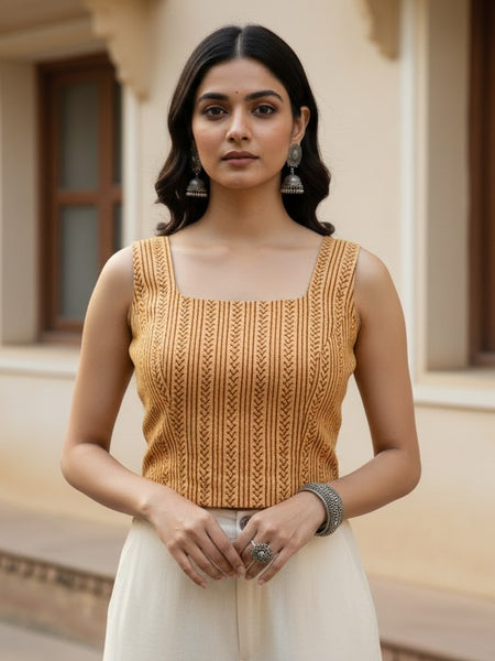 Mustard Yellow Handblock Printed Crop Top