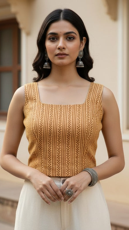 Mustard Yellow Handblock Printed Crop Top
