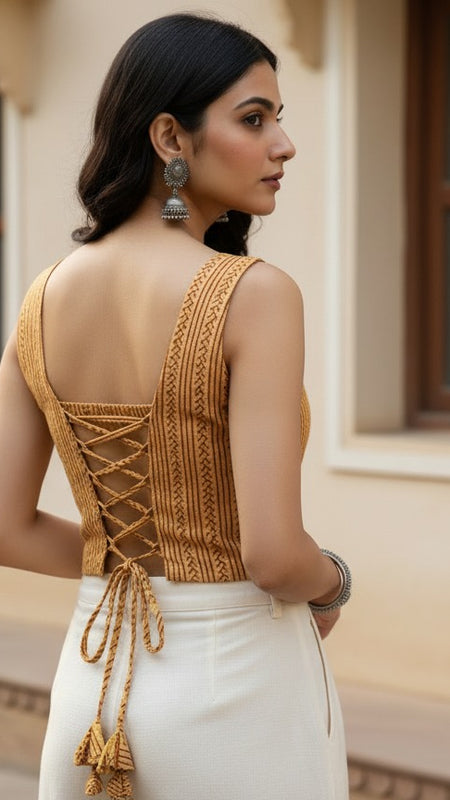 Mustard Yellow Handblock Printed Crop Top