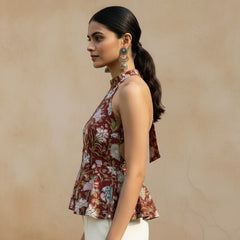 Maroon Floral Halter Neck Peplum Top for Women | Backless Cotton Top