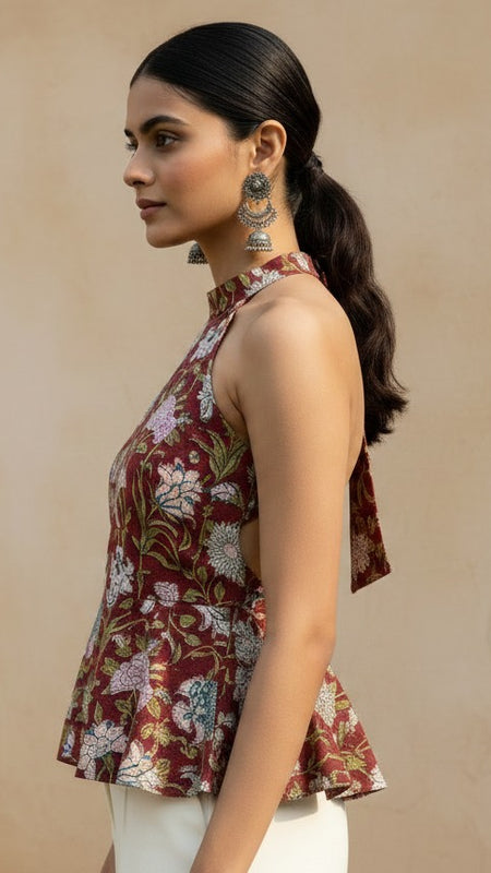 Maroon Floral Halter Neck Peplum Top for Women | Backless Cotton Top