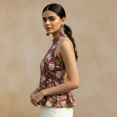 Maroon Floral Halter Neck Peplum Top for Women | Backless Cotton Top