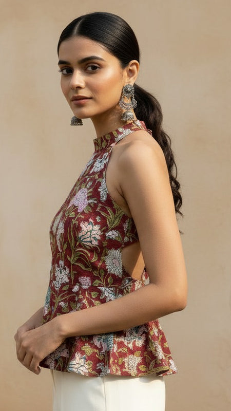 Maroon Floral Halter Neck Peplum Top for Women | Backless Cotton Top