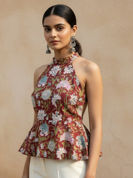 Maroon Floral Halter Neck Peplum Top for Women | Backless Cotton Top