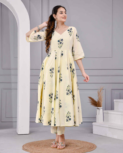 Saanvi Yellow Floral Printed Cotton Dress Set