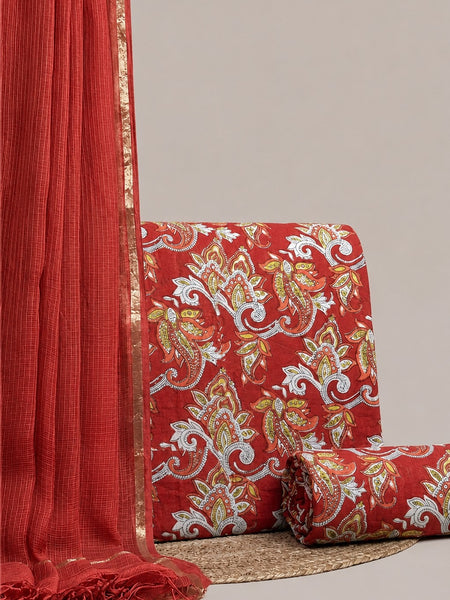 Crimson Red Printed Cotton Fabric for Suits, Kurtis, Co-Ord Sets, Dresses & Ethnic Wear.