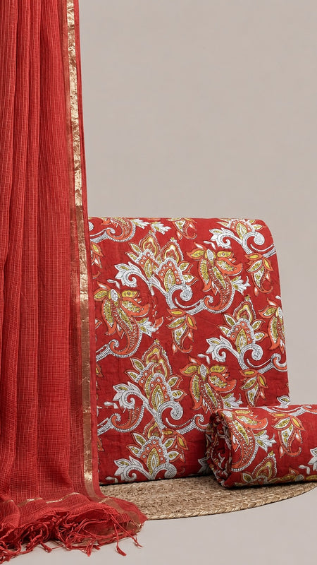 Crimson Red Printed Cotton Fabric for Suits, Kurtis, Co-Ord Sets, Dresses & Ethnic Wear.