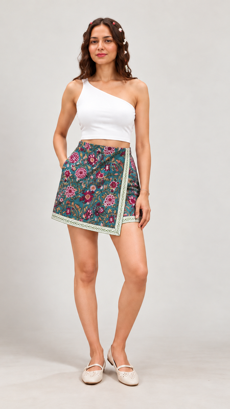 Green Floral Printed Wrap Skort