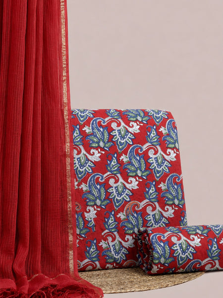 Crimson Red Printed Cotton Fabric for Suits, Kurtis, Co-Ord Sets, Dresses & Ethnic Wear.
