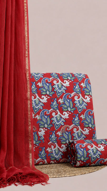 Crimson Red Printed Cotton Fabric for Suits, Kurtis, Co-Ord Sets, Dresses & Ethnic Wear.