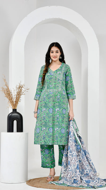 Neel Vanika Green Cotton Suit Set With Mulmul Dupatta