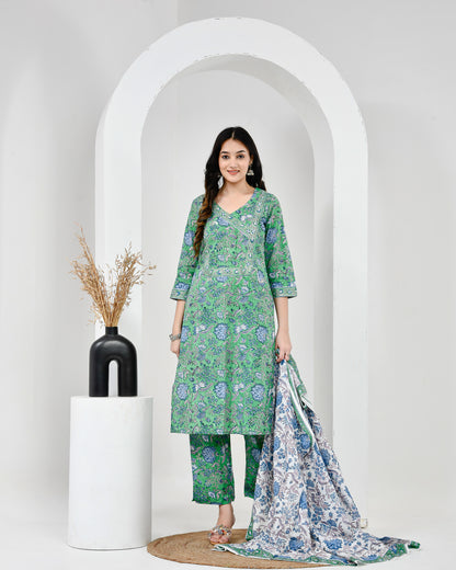Neel Vanika Green Cotton Suit Set With Mulmul Dupatta
