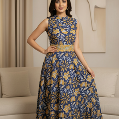 Midnight Blue Floral Printed A-Line Maxi Dress