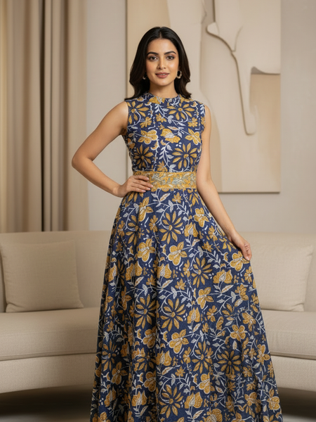 Midnight Blue Floral Printed A-Line Maxi Dress