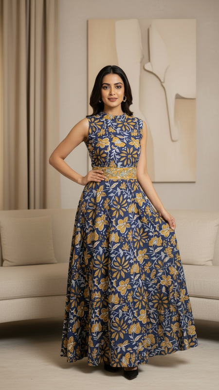 Midnight Blue Floral Printed A-Line Maxi Dress