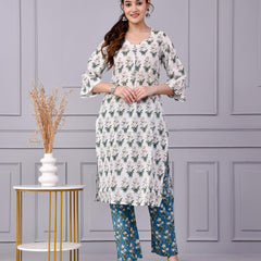 Noor White & Blue Teal Floral Cotton Co-ord Set