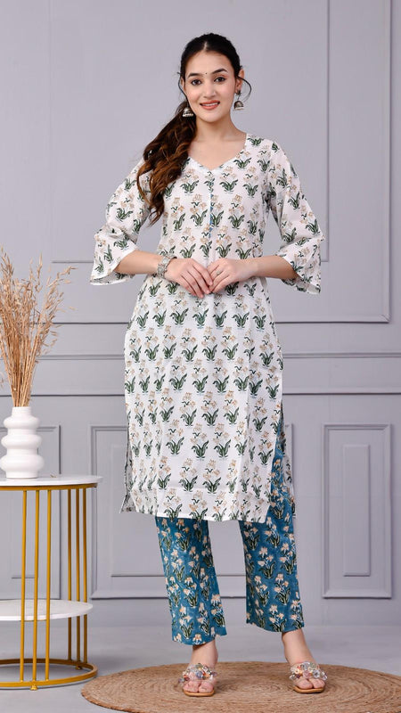 Noor White & Blue Teal Floral Cotton Co-ord Set