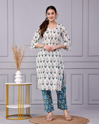 Noor White & Blue Teal Floral Cotton Co-ord Set